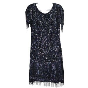 Vintage Niks Touch Silk‎ Sequin Beaded Fringe Dress XL Party Cocktail 90s Glam